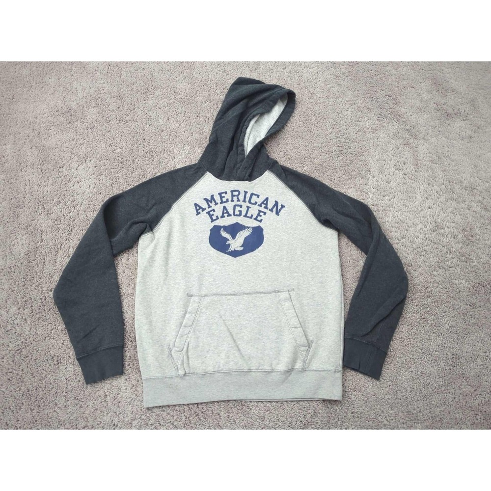 American Eagle Hoodie Mens S Gray Colorblock Raglan Long Sleeve Retro Collegiate